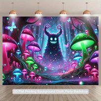 2D Fairy Tale Forest Backdrop with Giant Glowing Mushrooms and Mystical Monster 47.2x31.5inch/120*80cm