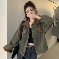 Women's American Retro Trendy Sweet & Edgy Color-Block Cargo Denim Jacket Korean Style Loose Casual Versatile Jacket for Autumn S