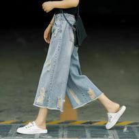 Vintage High Waist Wide Leg Jeans with Holes for Women,  Blue Denim Pants Loose Fit and Thin Design S