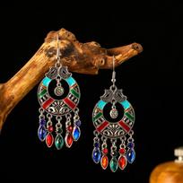 Ethnic Round Drop Glaze Rhinestone Tassel Earrings for Women Retro Boho Creative Silver Color Metal Earring Party Daily Jewelry