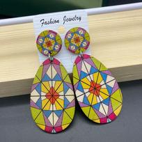 Bohemian Water Drop Printed Wooden Earrings for Women Vintage Artistic Colorful Pattern Dangle Earring Female Jewelry