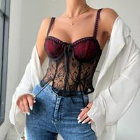 Naujas Sexy Wine Red Lace Splice Lacing Steel Ring Fishbone Sling Tops apatinis trikotažas S vyno raudonos spalvos