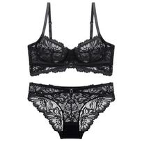 Itin plonų prancūziškų nėrinių apatinio trikotažo rinkinys Sexy Bandage Push Up Liemenėlė Moterų siuvinėjimas Didelio dydžio liemenėlė tuščiaviduris kvėpuojantis apatinis trikotažas 70B juoda