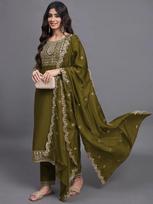 Women Embroidered Rayon Kurta Pant Dupatta Set Indian Bollywood Top Tunic Salwar Suit S