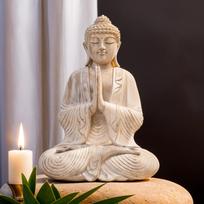 Buddha Statue, Hand Carved Wood Welcome Whitewash 40cm