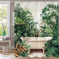 Tropical Plants Bathtub Shower Curtain, Green Leaves Art Bathroom Decorative Curtain, Printed Polyester Curtain with Hooks 90x180cm-35x70in