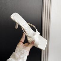 White and long legs~ Simple temperament Square head fairy Open toe high heel slippers Women wear sandals 35