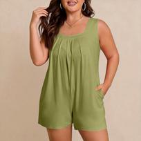 Women's Plus Size Casual Tank Top Sleeveless Pocket Jumpsuit Shorts Set XXXXXL žalia