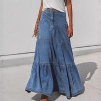 Moteriški ilgi džinsiniai sijonai Aukšto liemens Maxi sijonai su kišenėmis Klostuoti Sluoksniuoti Boho sijonai A formos Ruffles Sluoksniuoti Laisvai krentantys Sūpynės Džinsiniai sijonai moterims S mėlyna