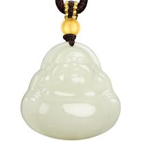 Fengxi Natural Hetian Jade Happy Buddha Pendant with Gold Beads
