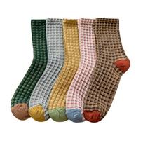 5Pairs Patchwork Women Tube Sock Elastic Grids Socks Cozy Checkered Cotton Socks  Gift 5Pairs