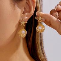 Resort Style Starfish Shell Pearl Drop Earrings for Women Beach Boho Dangle Ocean Charm Jewelry Gold Tone Summer Vacation Gift