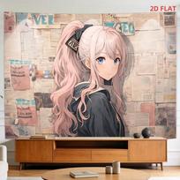 2D Cute Pink Hair Anime Girl Tapestry for Teen Bedroom Decor 47.2x31.5inch/120*80cm