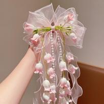 Temperament Sweet Fairy Flower Hair Clip Tassel Mesh Lace Bow Duckbill Clip Silk Gauze Long Ribbon Flower Hairpin Girl
