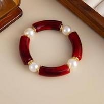 Fashion Resin Bracelets Metal Tube Beaded Acrylic Bracelets Red Vintage Punk Bangles Gift