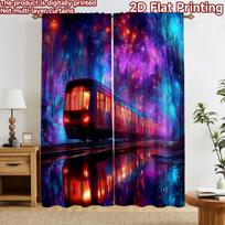 2D flat printing 2pcs Curtain Curtains Glowing Train in Fantasy Tunnel Digital Printed Polyester Drapes Family Party Use for 60×150cm(23.6×59in)