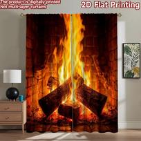 2D flat printing 2pcs Curtain Curtains Warm Glowing Fireplace Digital Printed Polyester Drapes Family Party Decoration Use for 60×150cm(23.6×59in)