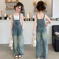 Kids Girls Denim Overalls Casual Wide Leg Star Embroidered Jumpsuit For Children 110cm