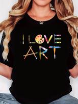 Plus Size, Women's Plus Size I LOVE ART T-Shirt - Short Sleeve Crew Neck Blouse Suitable for Spring & Summer, Casual & Elegant Stretch Top S