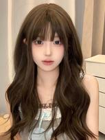 Hong Kong Style Retro Long Wig with Middle Part Bangs, Permed Curly Hair, Natural Fluffy Look