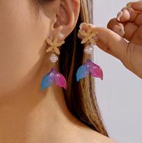 Mermaidcore Gradient Resin Mermaid Tail Drop Earrings for Women Gold Color Starfish Imitation Pearl Dangle Summer Ocean Jewelry