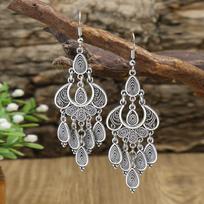 Vintage Ethnic Style Hollow Water Drop Pendant Earrings for Women Long Antique Silver Color Elegant Earring Jhumka Jewelry