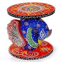 Medinis dekoratyvinis stovas stalas taburetė Pooja Mandir, vazonui, svetainei ar balkonui Gražiai medžio raižiniais išraižyta povo formos dizainerio taburetė