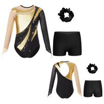 Vaikų mergaičių metaliniai ilgomis rankovėmis gimnastikos triko su šortais plaukais Scrunchie Dance Unitard dviračių šokių drabužiai 7-8 Years auksas