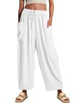 Elastic waisted pleated high waisted wide leg pants, loose casual cotton and linen pants S