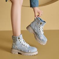 Autumn washed denim retro Martin boots women's inner height increase casual lace-up women's boots casual student shoes women 33