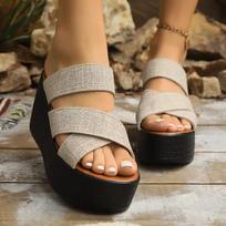 Cross-strapped casual slippers women's large size summer new cloth face muffin thick bottom slope heel cool slippers 34