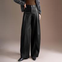 Coffee PU Leather Wide-Leg Pants, High-Waisted, Slimming, Loose, Winter 2025 Style, Floor-Length Casual Women's Pants XL