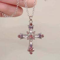 Zircon Cross Necklace Pink Purple Love Heart Cross Pendant Necklaces for Women Gothic Jewelry Party Girls Accessories