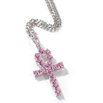 THE BLING KING Ankh Cross Pendant Pink Iced Cubic Zirconia Stones Gold Silver Color Necklace Colored Fashion Hiphop Jewelry 3mm cuban chain&18inch