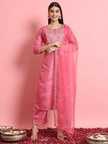 Women's Silk Blend Embroidered Kurta with Pant & Dupatta Set S