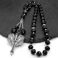 Twin Head Dragon Cross Car Pendants for Men Women Silver Color Sword Stainless Steel 33 Glass Prayer Beads Jewelry Gifts
