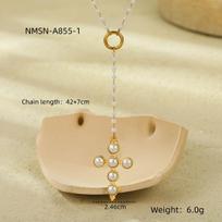 GEMCHIC Women's Vintage Pearl Cross Pendant Necklace Gold Plated Stainless Steel Adjustable Collarbone Chain Elegant Religious Jewelry