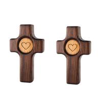 2 Piece Black Walnut Easter Pocket Cross Mini Comfort Holding Pocket Stress Fidget Cross Heart Pattern Thumb Cross Christian