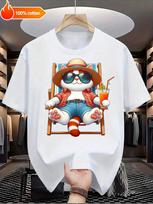 Unisex's T-Shirt With Cute -Style Anime Cat In Hawaiian Shirt & Hat Print L