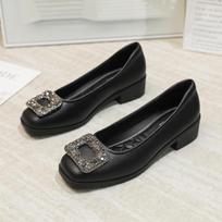 Women's 2025 Black Rhinestone Low-Heeled Square Toe Work Shoes Size 35