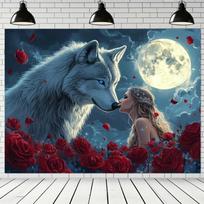 2D Romantic Art Tapestry - White Wolf, Blonde Princess & Full Moon in Rose Garden Wall Art 47.2x31.5inch/120*80cm