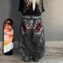 FlowStreet Retro American Street Style Embroidery Wide Leg Washed  Jeans Casual Straight Leg Pants S