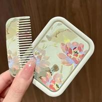 Creative Lotus Folding Makeup Mirror Flip-Top Rectangle Pocket Mirror with Comb Cosmetic Mirror For Women Girls