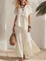 Women's Beige Short Sleeve Top and Wide Leg Pants Two Piece Set with Asymmetrical Pleat Detail S