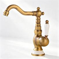 Antique Brass Deck Mounted Basin Faucet - Single Handle Single Hole Bathroom Sink Mixer, Hot & Cold Tap