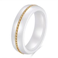 Minimalist 6mm Wide Gold Accent Black and White Ceramic Couple Rings no. 6