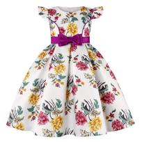 Cross-Border Exclusive Puff Sleeve Printed Girls' Party Dress with Bow and Fluffy Skirt 110 cm