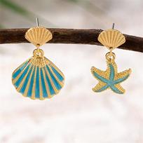 Asymmetrical Starfish Seashell Drop Earrings for Women Vibrant Turquoise Color Mismatched Dangle Summer Beach Vacation Resort Je