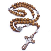 NEW Wooden Antique Cross Rosary Pendant Necklaces Jesus Saint Benedict Beaded Necklaces for Men Women Handmade Jewelry Gifts 60cm