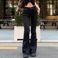 2000s Clothes Y2k Low Rise Boot Cut Jeans Woman Casual Black Striped Denim Trousers Streetwear Flare Pants XS